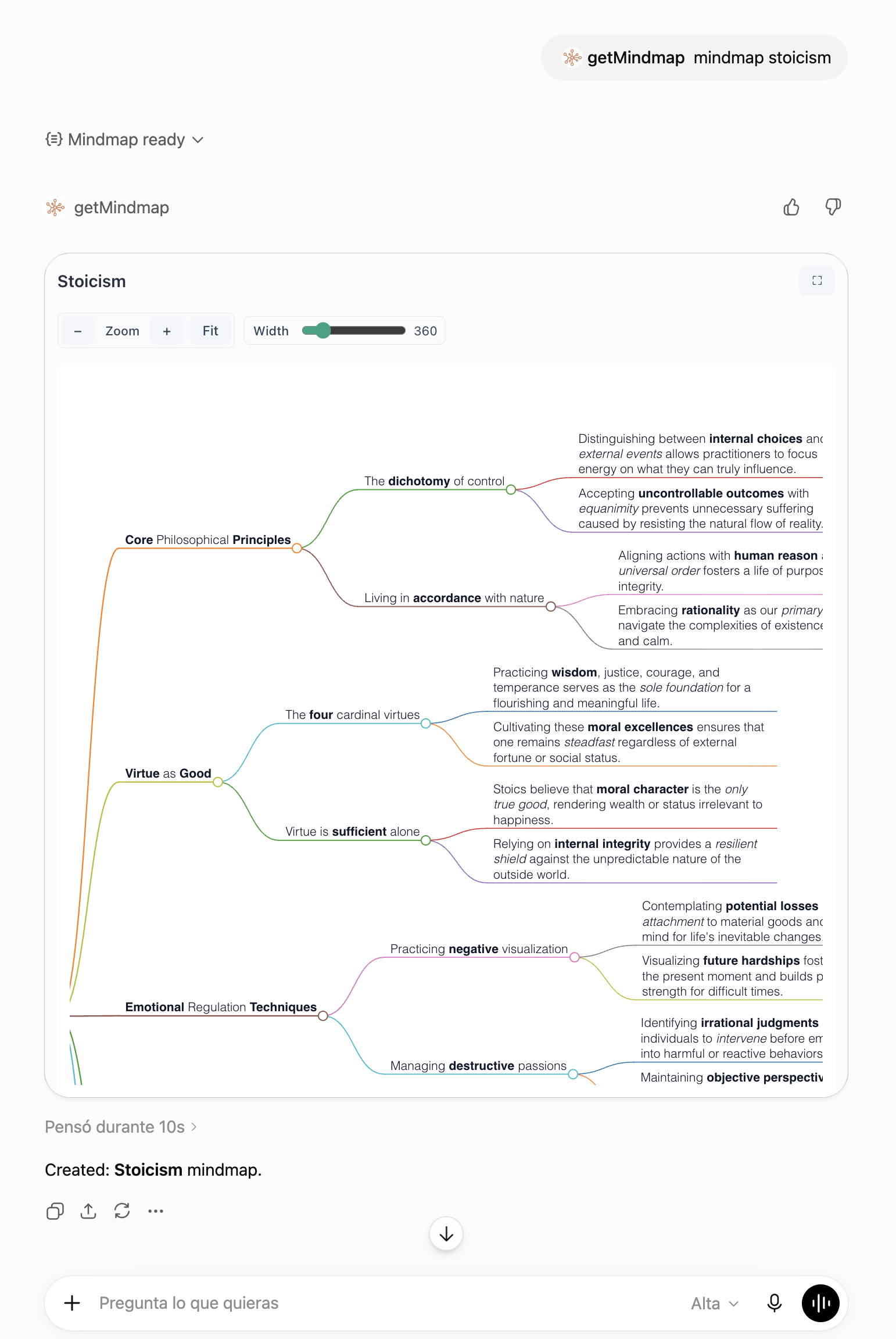 Interactive Stoicism mind map rendered by the getMindmap app inside a ChatGPT conversation, with zoom, fit, and width controls